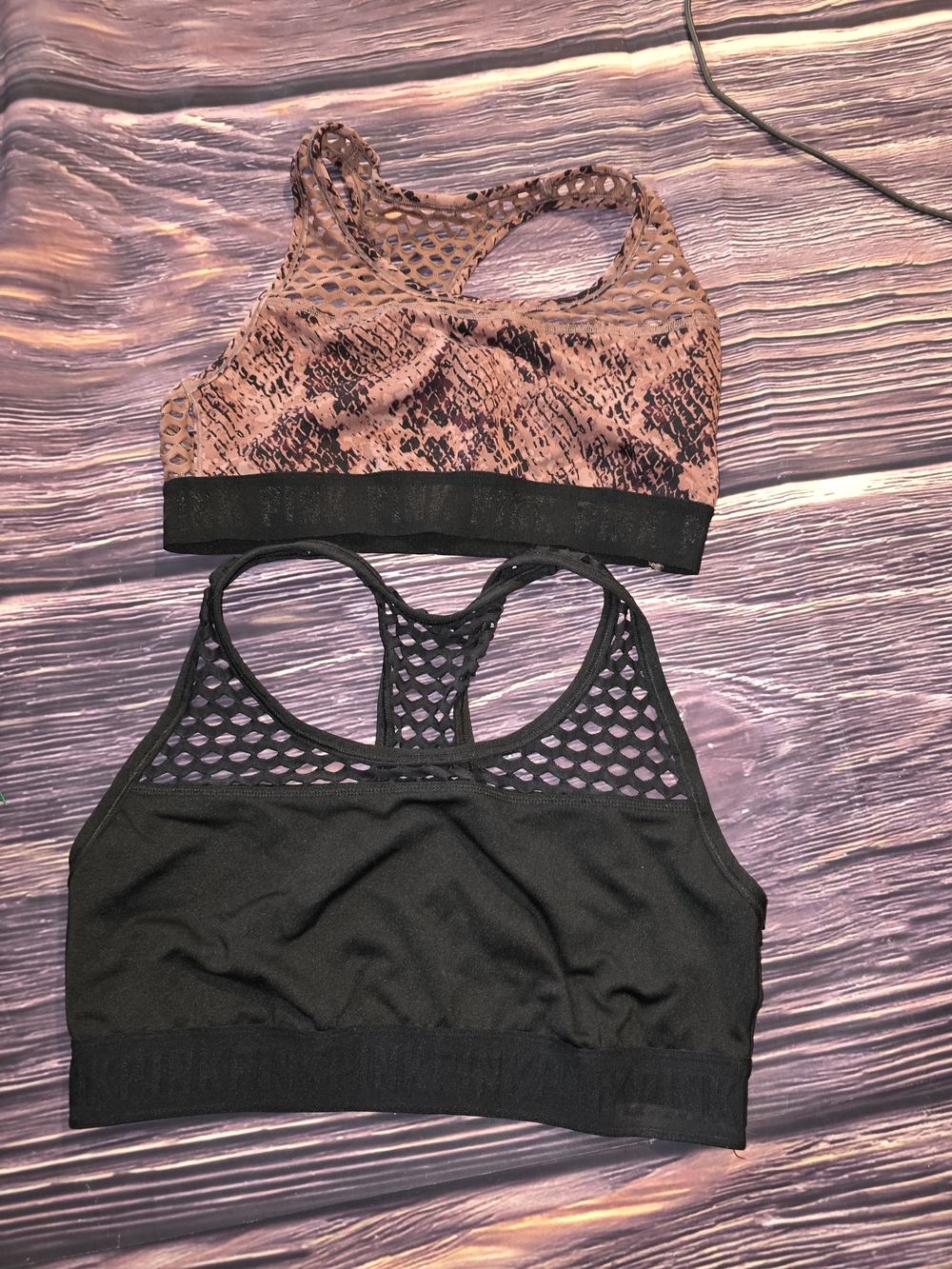 PINK Victoria's Secret Mesh Racerback Sports Bras - Black & Brown Snake Print